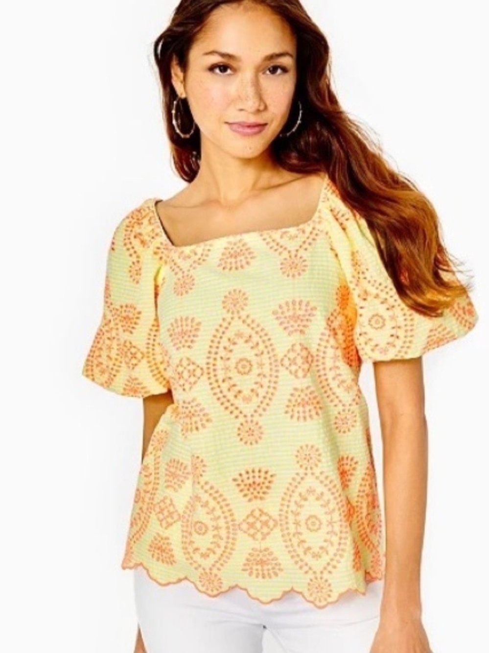 Lilly Pulitzer Yellow And Orange Eyelet Puff-Sleeve Top